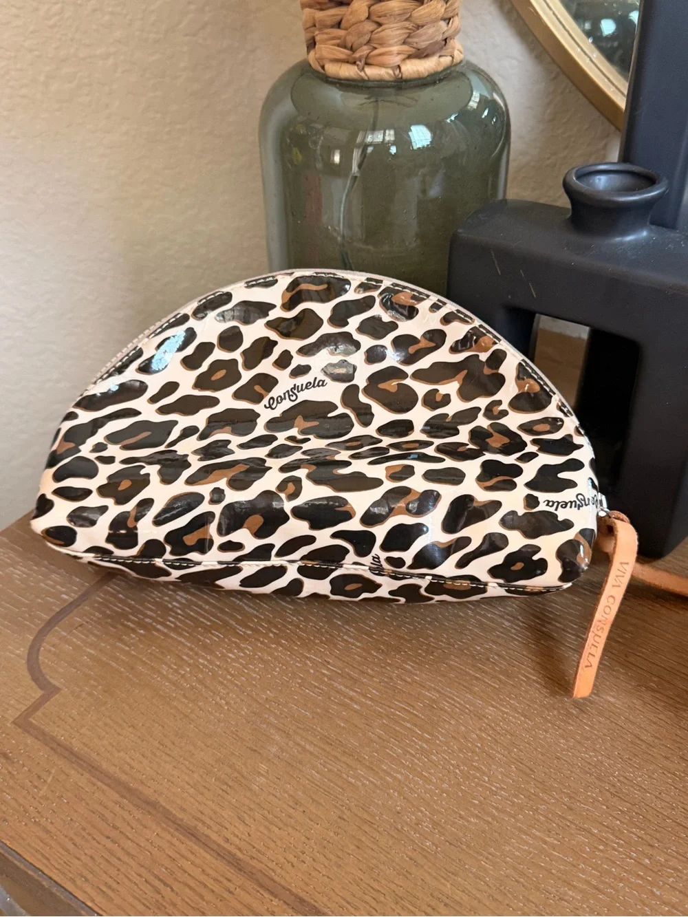Consuela Leopard Print Patent Half-Moon Cosmetic Pouch in Cream, Black, Brown